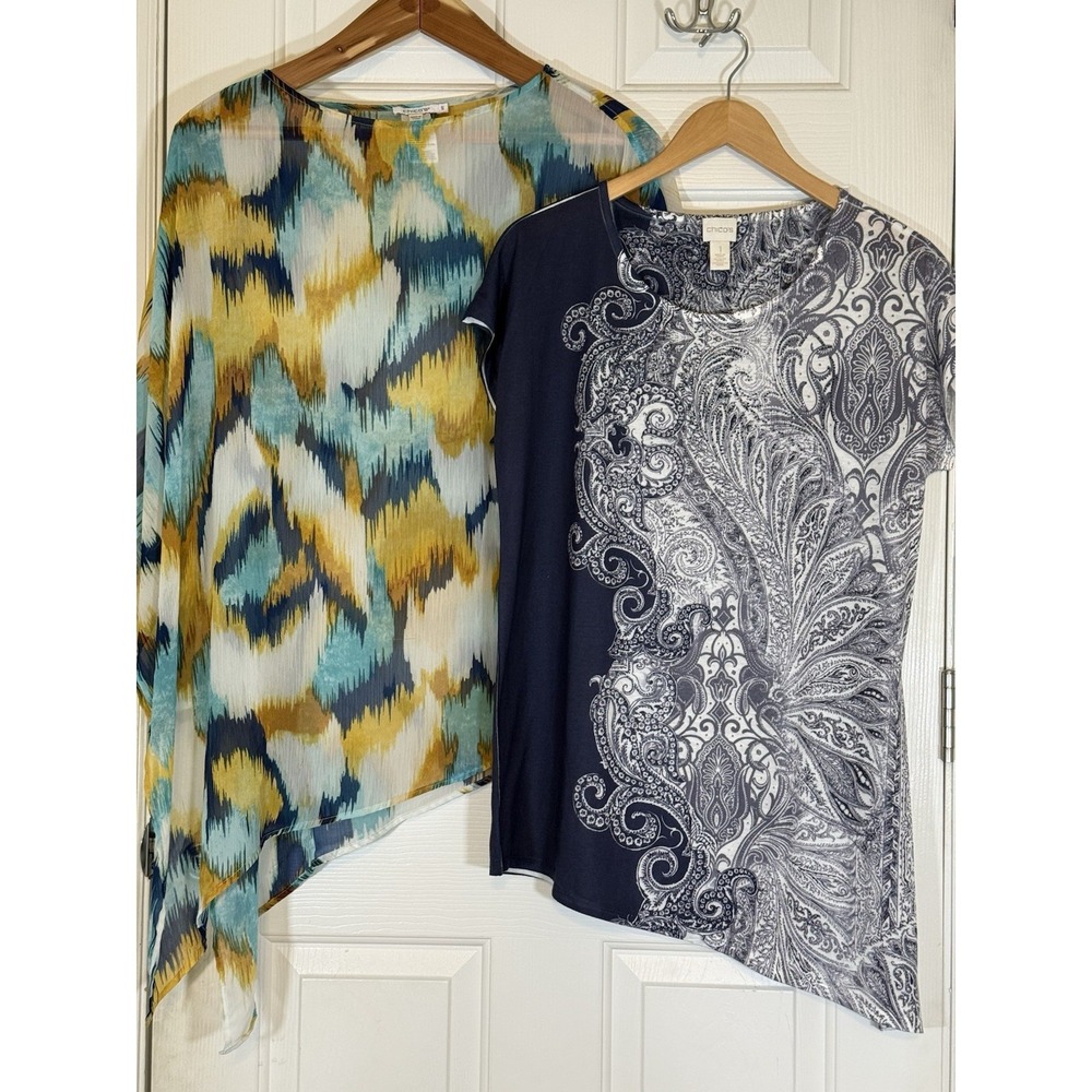Chicos 1 S/M Shirt Blue Spring Artsy Shirt & Kimono Bundle Office Casual Modest